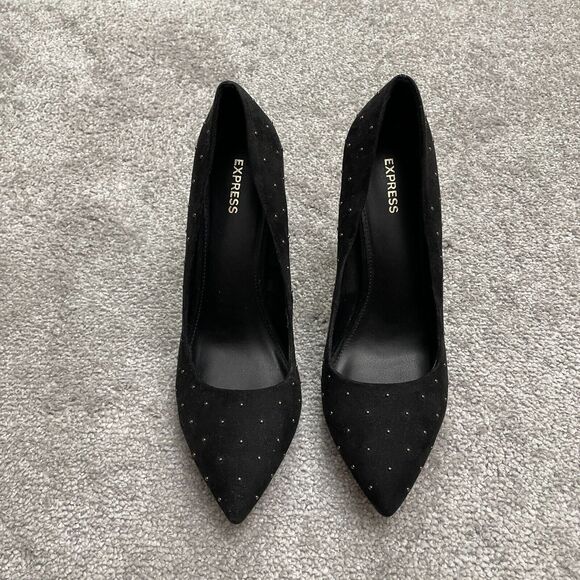 Express Embellished Studded Stiletto Heels Womens 8.5 Black Polka Pointed NWD - Picture 1 of 16